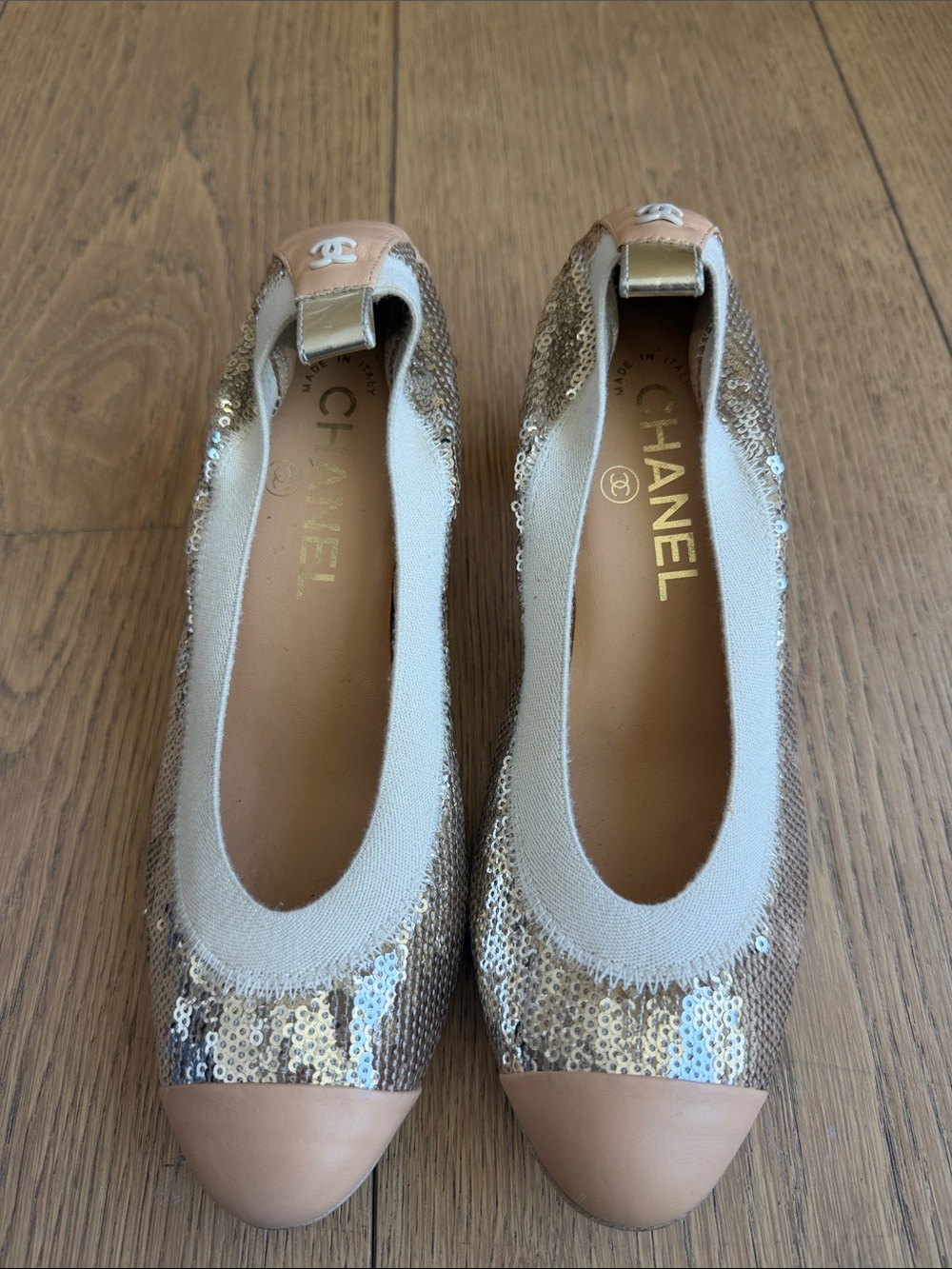 CHANEL Gold Sequin Beige Cap-Toe Ballet Flats